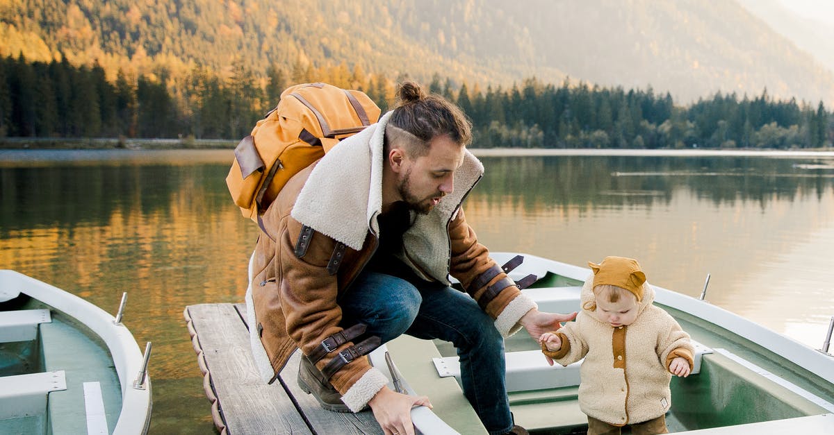 Items to keep warm while out in the cold - Bearded father with backpack in casual warm outerwear standing on wooden pier and holding hand of little kid standing in boat on lake in mountains Items to keep warm while out in the cold - Bearded father with backpack in casual warm outerwear standing on wooden pier and holding hand of little kid standing in boat on lake in mountains