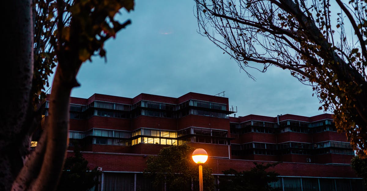 Late night taxis from Don Mueang airport? - Low angle view from silhouettes of trees on multistory building and luminous lamp in dark evening
