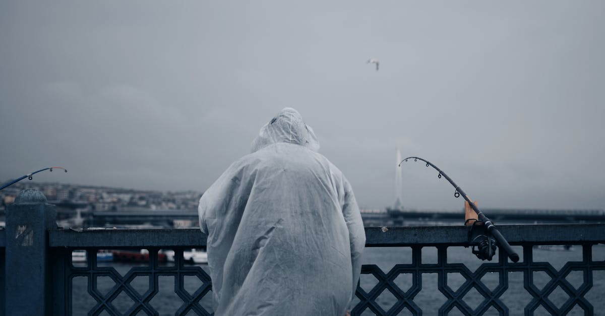 Lebara roaming is apparently free, what is the catch? - Back view of unrecognizable man in transparent raincoat standing behind fence on coast of reservoir and catching fish Lebara roaming is apparently free, what is the catch? - Back view of unrecognizable man in transparent raincoat standing behind fence on coast of reservoir and catching fish