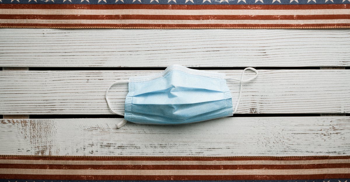 Medical Insurance for Canadian visiting United States - Top view of sterile face mask placed on white shabby wooden table with American flag ribbons Medical Insurance for Canadian visiting United States - Top view of sterile face mask placed on white shabby wooden table with American flag ribbons