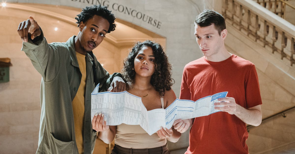 Multiple visits to USA - Young African American male tourist pointing away while searching for direction with diverse fiends standing in railway station terminal with paper map in hands Multiple visits to USA - Young African American male tourist pointing away while searching for direction with diverse fiends standing in railway station terminal with paper map in hands