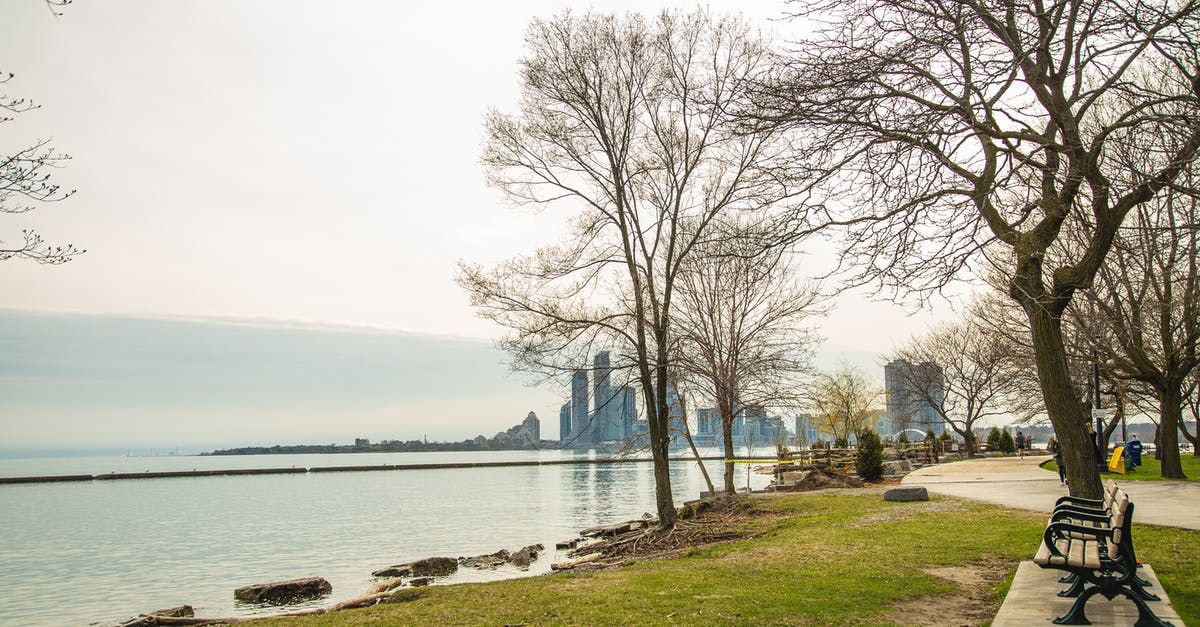 Nashville to Detroit - which is quicker / the major route? - Picturesque scenery of Detroit skyline from peaceful Windsor Riverfront Park with green lawns and leafless trees against cloudy sunset sky Nashville to Detroit - which is quicker / the major route? - Picturesque scenery of Detroit skyline from peaceful Windsor Riverfront Park with green lawns and leafless trees against cloudy sunset sky
