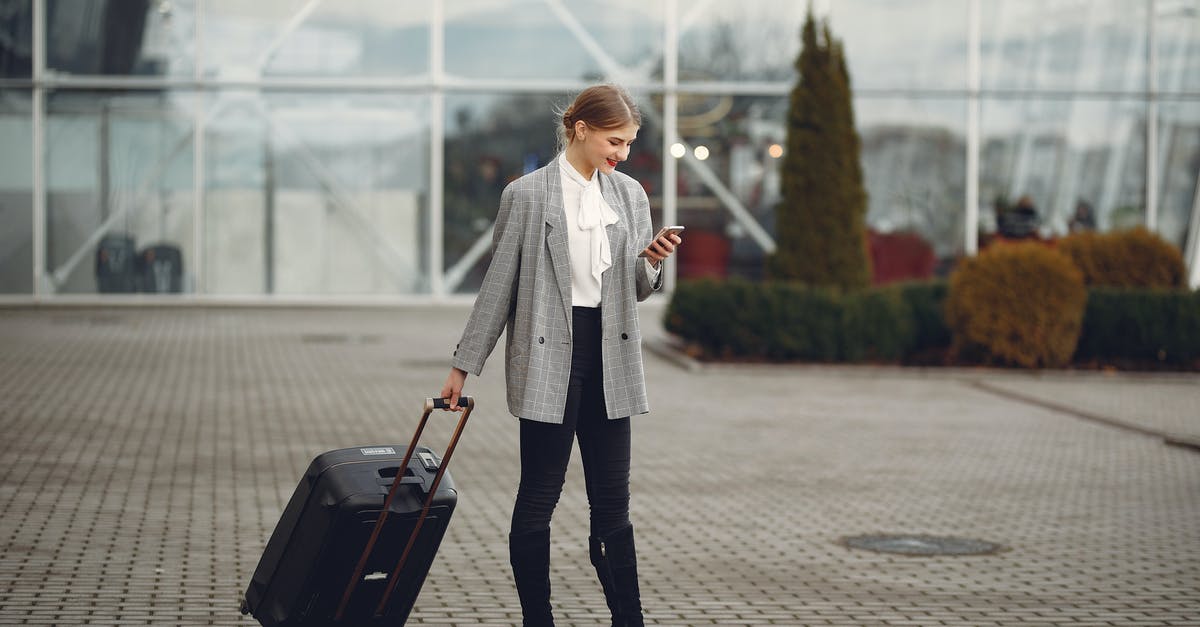 Overview of wireless in airports? - Smiling female passenger with suitcase messaging on mobile phone in street Overview of wireless in airports? - Smiling female passenger with suitcase messaging on mobile phone in street