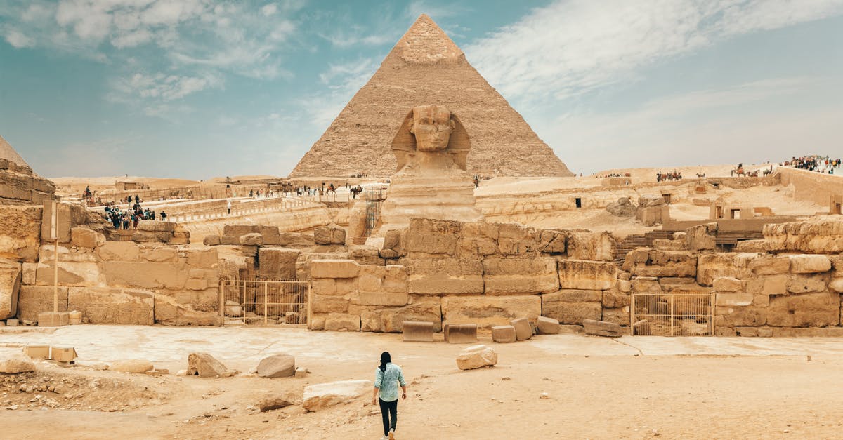 PLAB 2 visit visa refusal with refugee status - Back view of unrecognizable man walking towards ancient monument Great Sphinx of Giza