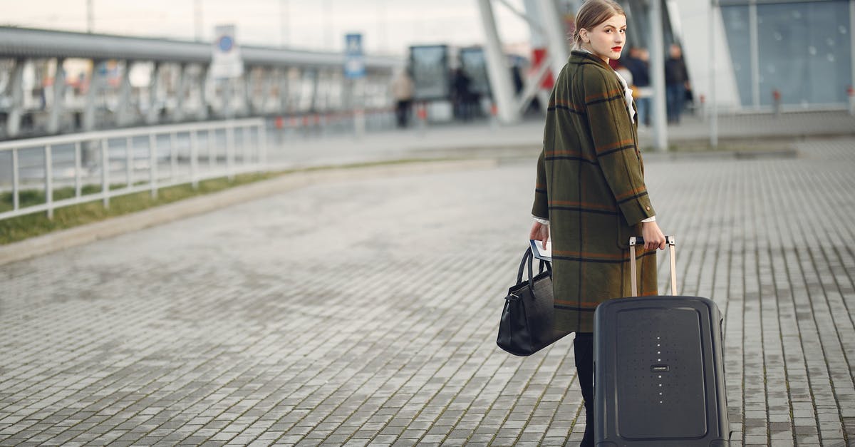 Possibility of delayed luggage during transfer at DXB - Back view of trendy businesswoman carrying baggage before flight near airport building Possibility of delayed luggage during transfer at DXB - Back view of trendy businesswoman carrying baggage before flight near airport building