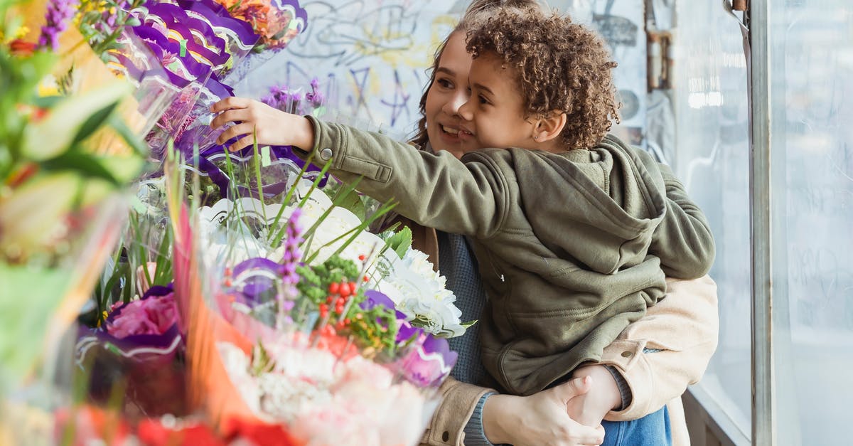 Putting delicate computer parts with clothes as carry on in airport? [duplicate] - Smiling mother holding cute black son on hands while choosing together bouquet in floristry store