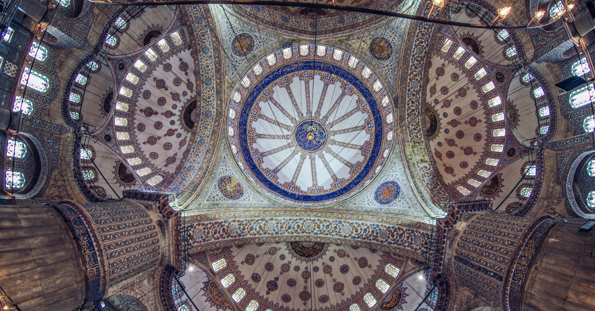 Recognize a place in Istanbul from an old (1890-1900) postcard - From below of ceiling of building with ornamental walls and arched windows in soft daylight Recognize a place in Istanbul from an old (1890-1900) postcard - From below of ceiling of building with ornamental walls and arched windows in soft daylight