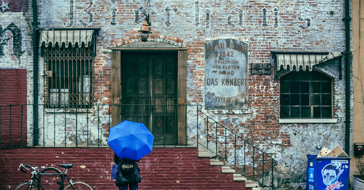Recommended software for communicating / documenting whilst on a bike tour [duplicate] - Back view of unrecognizable traveler in warm clothes in backpack and umbrella in hand standing on street near aged historical brick building during sightseeing tour in city