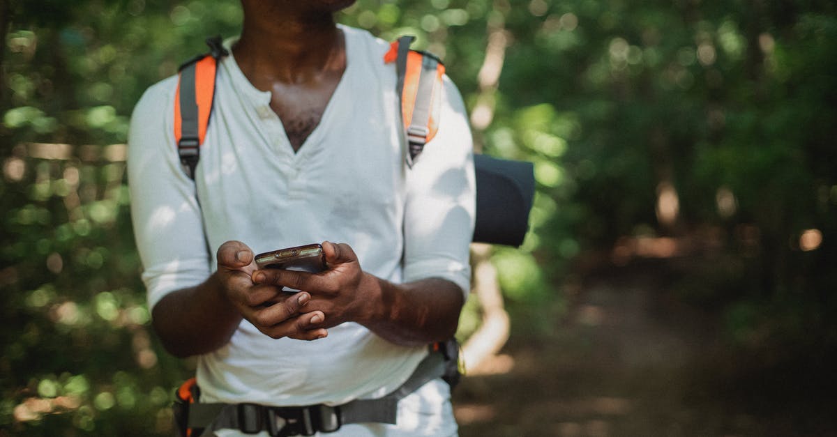 Search flights by stopping location - Crop unrecognizable African American man with backpack and smartphone searching route while going astray in green forest Search flights by stopping location - Crop unrecognizable African American man with backpack and smartphone searching route while going astray in green forest