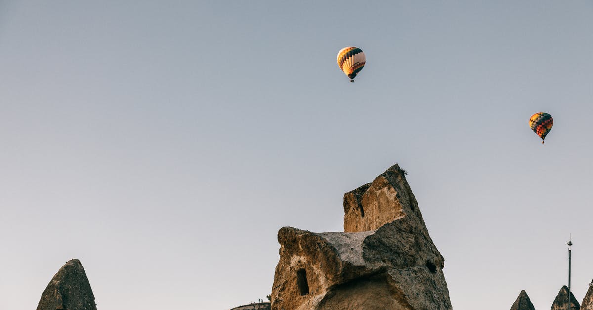 Shortest transatlantic flight from Europe to somewhere, so that continental US can be reached by land (with possible ferry) - From below of bright hot air balloons flying over rough rocky terrain placed in Cappadocia in Turkey in daytime