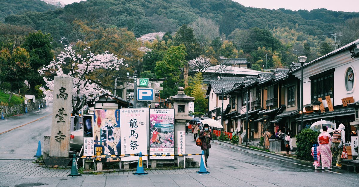 Should I apply for a tourist visa as a US citizen traveling to the Schengen area this summer? - Posters with Japanese characters on area with walking people near traditional oriental buildings in green mountain village on rainy day