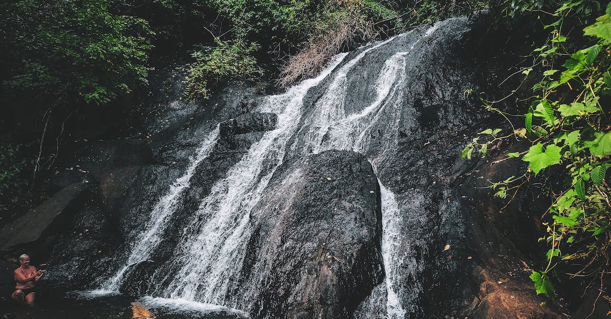 Shower for a traveler passing through Delhi - Unrecognizable travelers chilling in warm pond formed by waterfall flowing through rough stony cliff in lush forest Shower for a traveler passing through Delhi - Unrecognizable travelers chilling in warm pond formed by waterfall flowing through rough stony cliff in lush forest