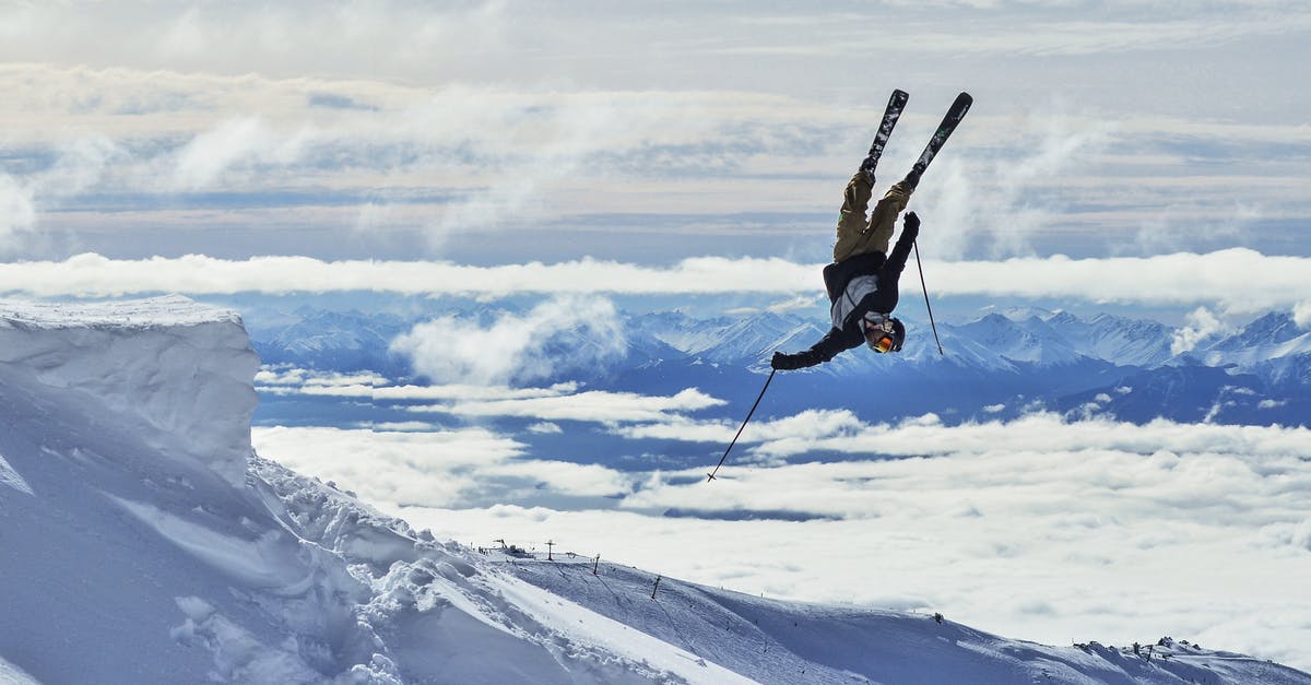 Ski rental for Mount Gassan - Fit anonymous male athlete in sports wear and skiis with poles demonstrating difficult acrobatic trick in spectacular mounts covered with snow in daylight