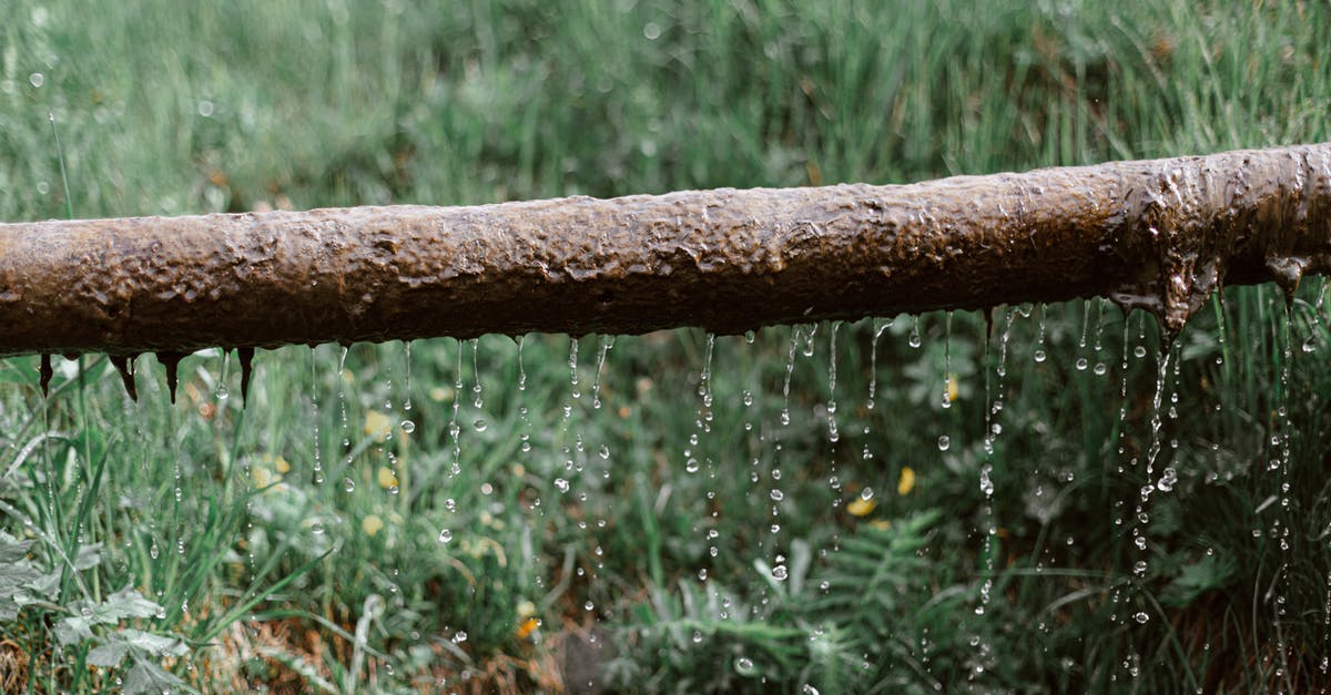 Taking wet things through airport security - Rusted metal leaking pipe above grassy meadow