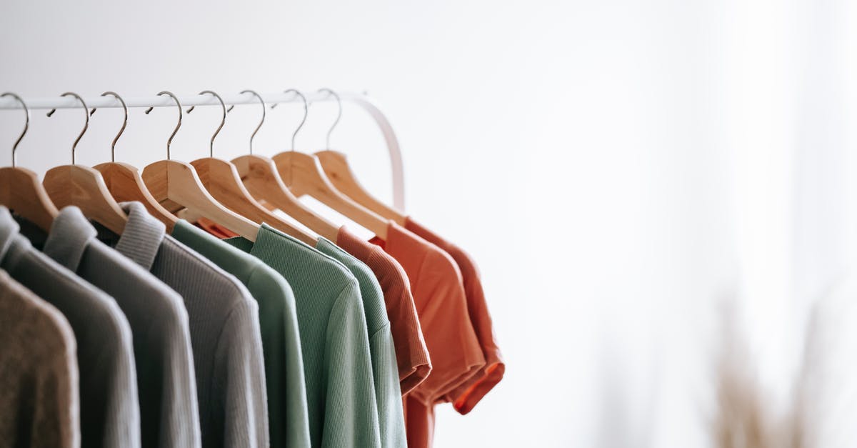 Transfer in New Delhi to different airline with no checked bags? - Interior of light apartment with different clothes on wooden hangers in wardrobe near white walls Transfer in New Delhi to different airline with no checked bags? - Interior of light apartment with different clothes on wooden hangers in wardrobe near white walls