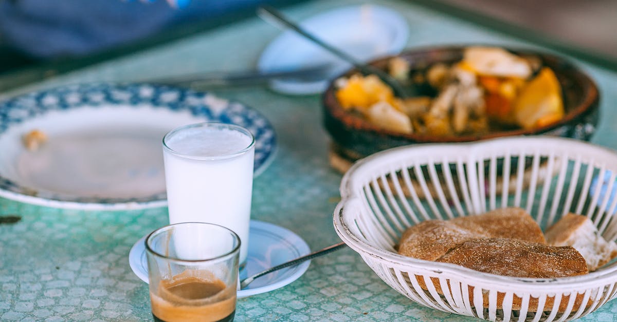 Transport bread maker on Turkish Airlines - Person eating traditional food with milk and coffee in glasses at table in daylight