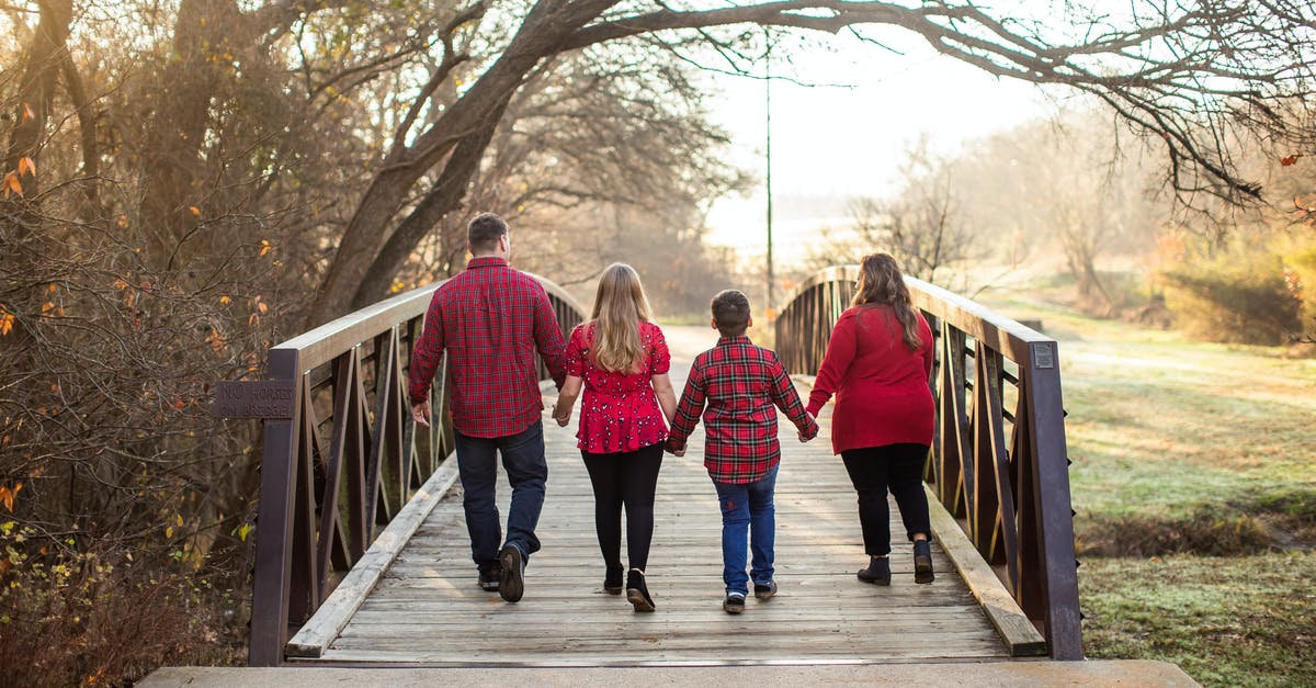 Travelling within the Schengen zone with a short-time visa EEA family members visa - Back view of anonymous plump family in casual wear holding hands while walking on wooden bridge under dry tree branches near green meadow in rural zone spending time together