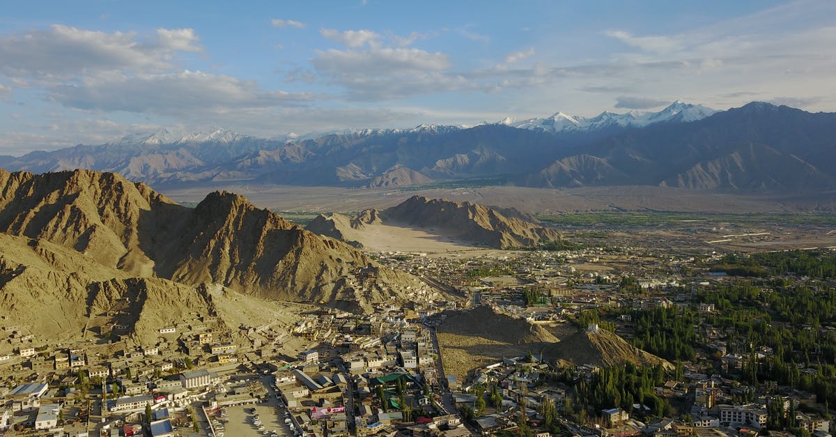 Trekking in Leh / Ladakh, India in January - Drone Shot of the City of Leh Trekking in Leh / Ladakh, India in January - Drone Shot of the City of Leh