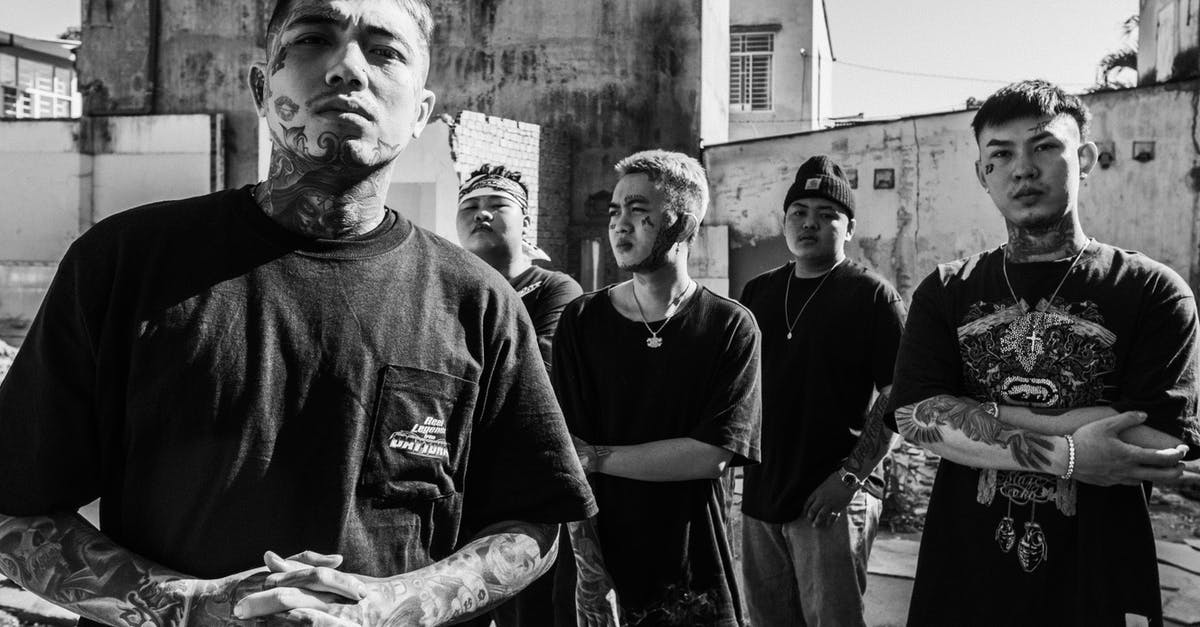 UK visa: my partner doesn't want to submit his bank statement [duplicate] - Black and white of young tattooed ethnic males of band in accessories and casual apparel in town