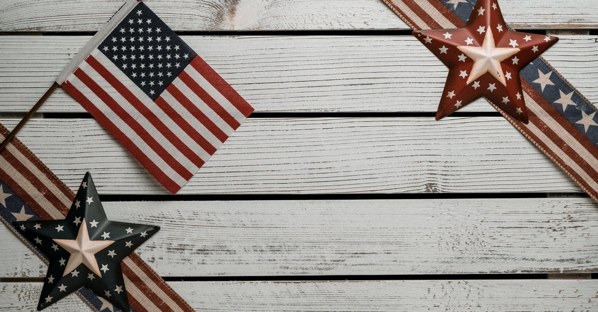 VAT/Customs when receiving an item from the US in another EU country (on holiday) - Overhead view of national flag of America between decorative ribbons with stars and stripes on wooden surface VAT/Customs when receiving an item from the US in another EU country (on holiday) - Overhead view of national flag of America between decorative ribbons with stars and stripes on wooden surface