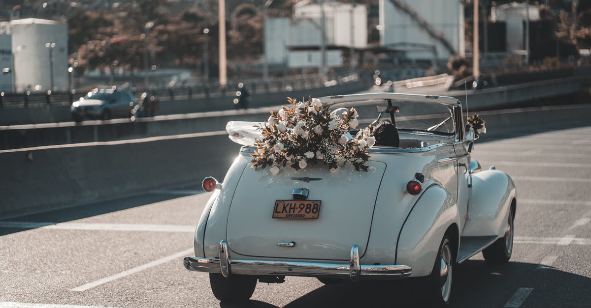 Virtually 'drive' a route with Google Streetview - Retro wedding cabriolet driving on road Virtually 'drive' a route with Google Streetview - Retro wedding cabriolet driving on road