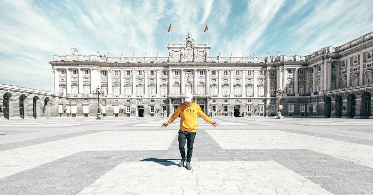 Visiting UK for short trip during post-student visa year in Spain [duplicate] - Full body of unrecognizable male traveler in casual clothes and cap standing on empty square near Royal Palace of Madrid during holiday in Spain