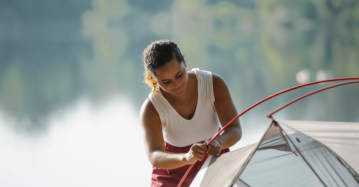 What are the recommended concentration camp tours near Berlin? - Focused traveler putting up tent near pond
