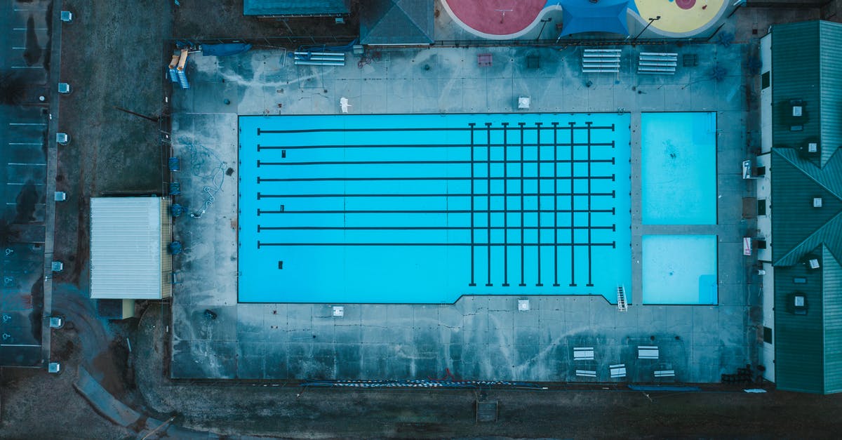What are the rules for changing after swimming in appartment complex pool in US [closed] - Aerial view of empty outdoor swimming pool and small house located in suburban area of city in daytime