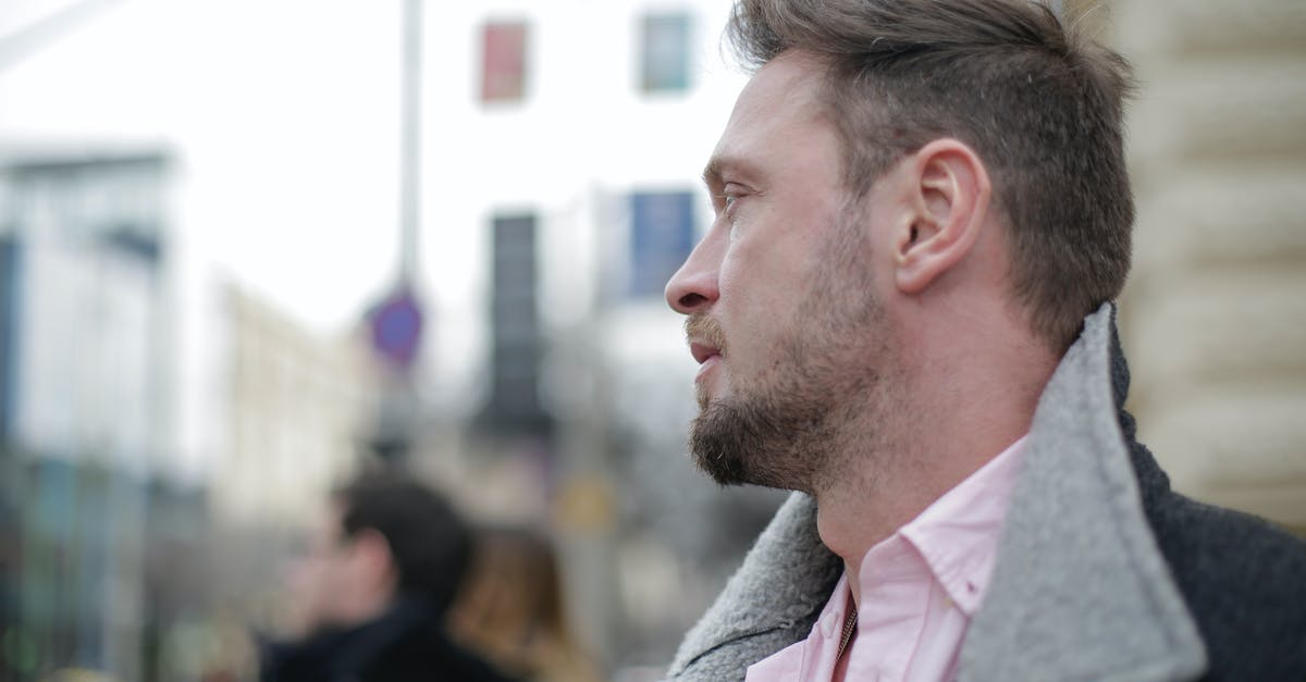 What are these little yellow boxes at German pedestrian crossings? [duplicate] - Side view of adult confident bearded male pedestrian in casual clothes standing on blurred city background in daylight during cold season