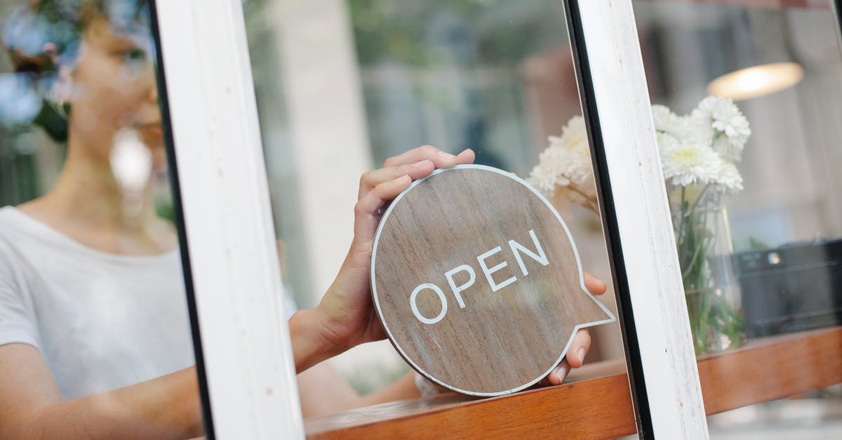 What do I put here? - Young woman worker in casual clothes standing in light cafe and putting sign with word open on door What do I put here? - Young woman worker in casual clothes standing in light cafe and putting sign with word open on door