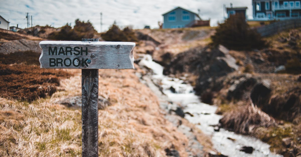 What does this sign on a hiking trail communicate? [closed] - Wooden information sign located near brook in countryside