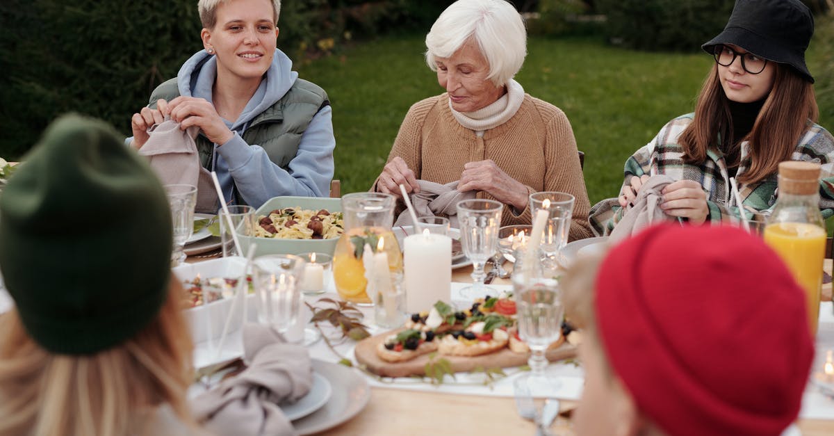 What happens if I eat my own food in flight, but the airline prohibits outside food on board? - Cheerful family enjoying dinner party together in countryside