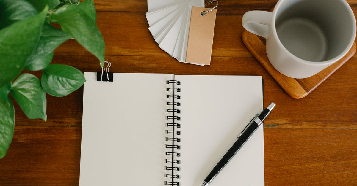 What happens if the visa label page gets torn from passport? - From above empty notebook with pen and tags placed near potted plant and empty mug on office table