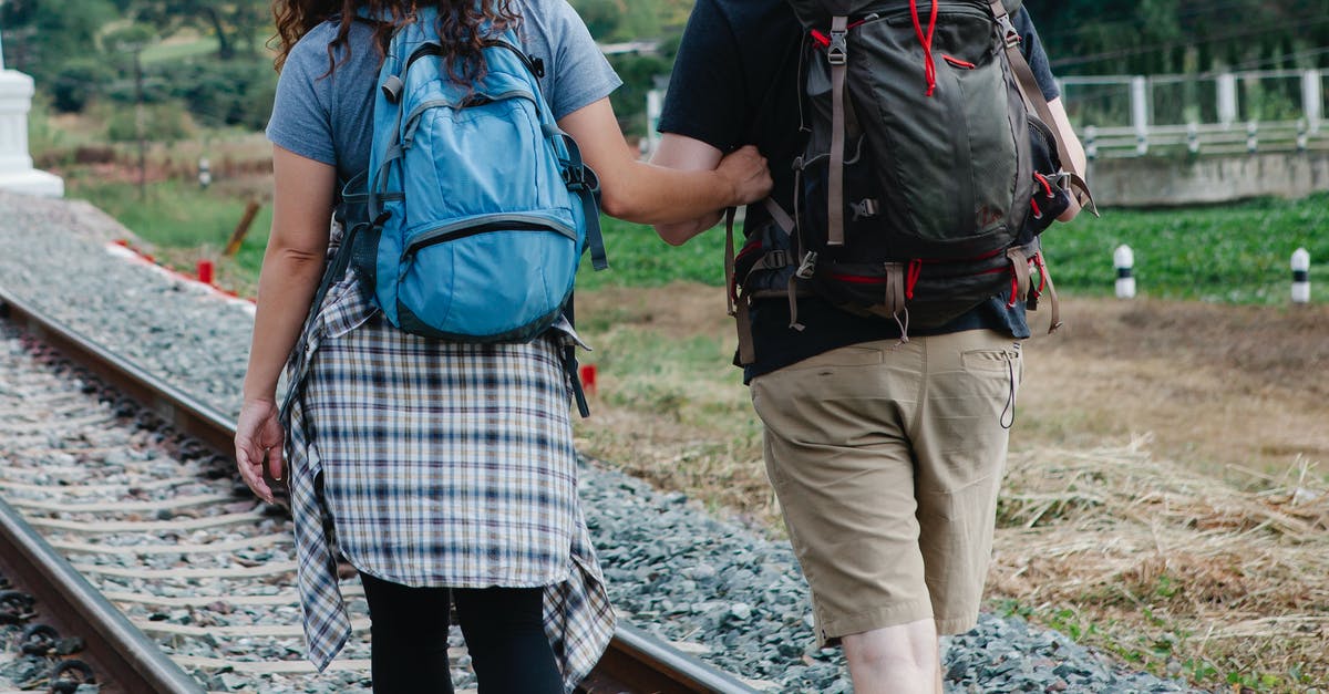 What is the easiest way for my Russian girlfriend to get an EU (Schengen) tourist visa? - Back view of unrecognizable couple of travelers in casual clothes walking along railroad placed in countryside during hike in daytime