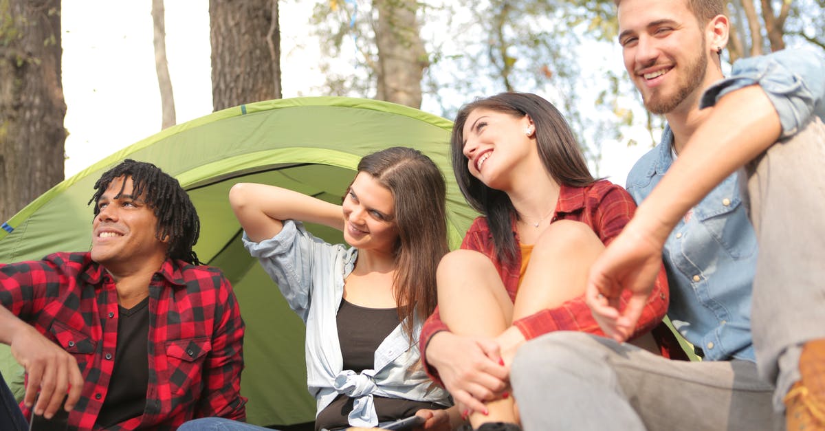 What time of the year is the weather warm enough for camping in Yellowstone National Park? - Group of cheerful friends enjoying sunshine in forest What time of the year is the weather warm enough for camping in Yellowstone National Park? - Group of cheerful friends enjoying sunshine in forest