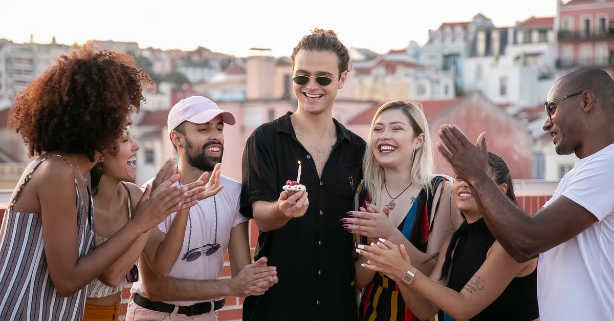 What to do with an invitation from a friend in UK whom I wish to visit during a short holiday there? - Group of positive young multiracial friends clapping and smiling while celebrating birthday of happy guy making wish with cupcake in hand on building rooftop What to do with an invitation from a friend in UK whom I wish to visit during a short holiday there? - Group of positive young multiracial friends clapping and smiling while celebrating birthday of happy guy making wish with cupcake in hand on building rooftop