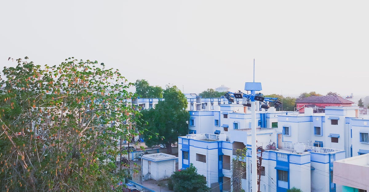 Where are these white and blue buildings near water and cliffs? - White and Blue Concrete Building Aerial Photography