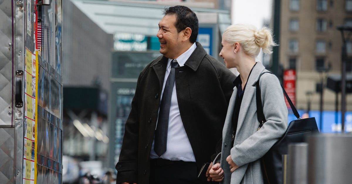 Where can I buy Vincent van Gogh's painting replicas in London? - Mature man and woman in business clothes buying food in street van while chatting happily Where can I buy Vincent van Gogh's painting replicas in London? - Mature man and woman in business clothes buying food in street van while chatting happily