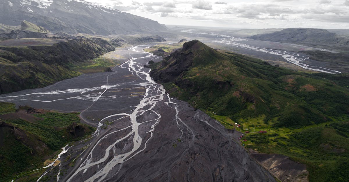 Where can I see volcanic rivers in Iceland? - Drone view of rivers in Thorsmork mountain ridge covered with green moss and volcanic ash Where can I see volcanic rivers in Iceland? - Drone view of rivers in Thorsmork mountain ridge covered with green moss and volcanic ash