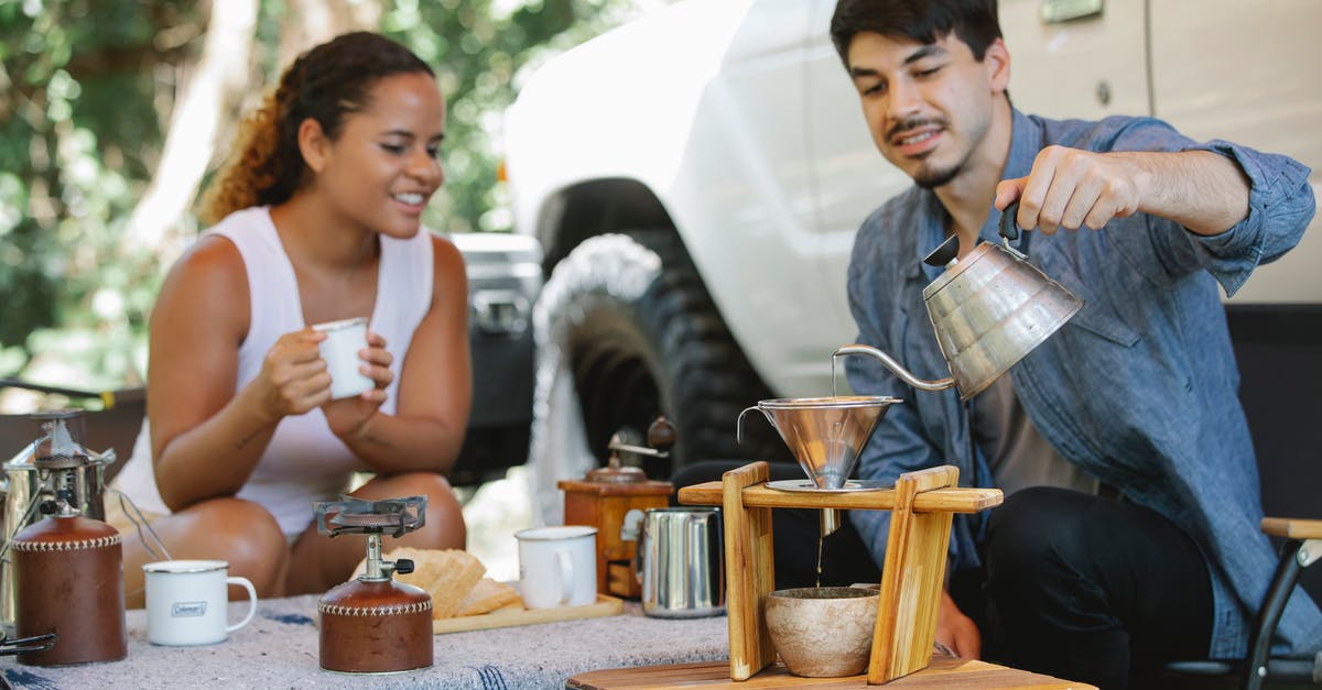 Where can you buy a portable Distiller or a Reverse Osmosis water filter in London? [closed] - Cheerful young multiracial couple in casual clothes pouring boiling hot water into pour over filter while having coffee break together in sunny nature