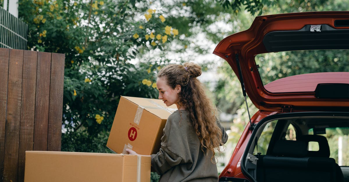 Where is the best place to carry perishable foods on long international flights? - Young woman carrying box to new home while unpacking car