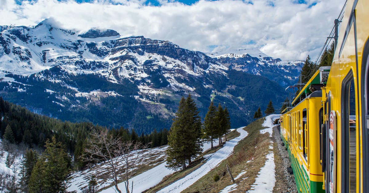 Which is the most scenic train route between Nagano and Kyoto? - Modern train riding on railroad through coniferous woods in snowy mountainous valley in Switzerland Which is the most scenic train route between Nagano and Kyoto? - Modern train riding on railroad through coniferous woods in snowy mountainous valley in Switzerland