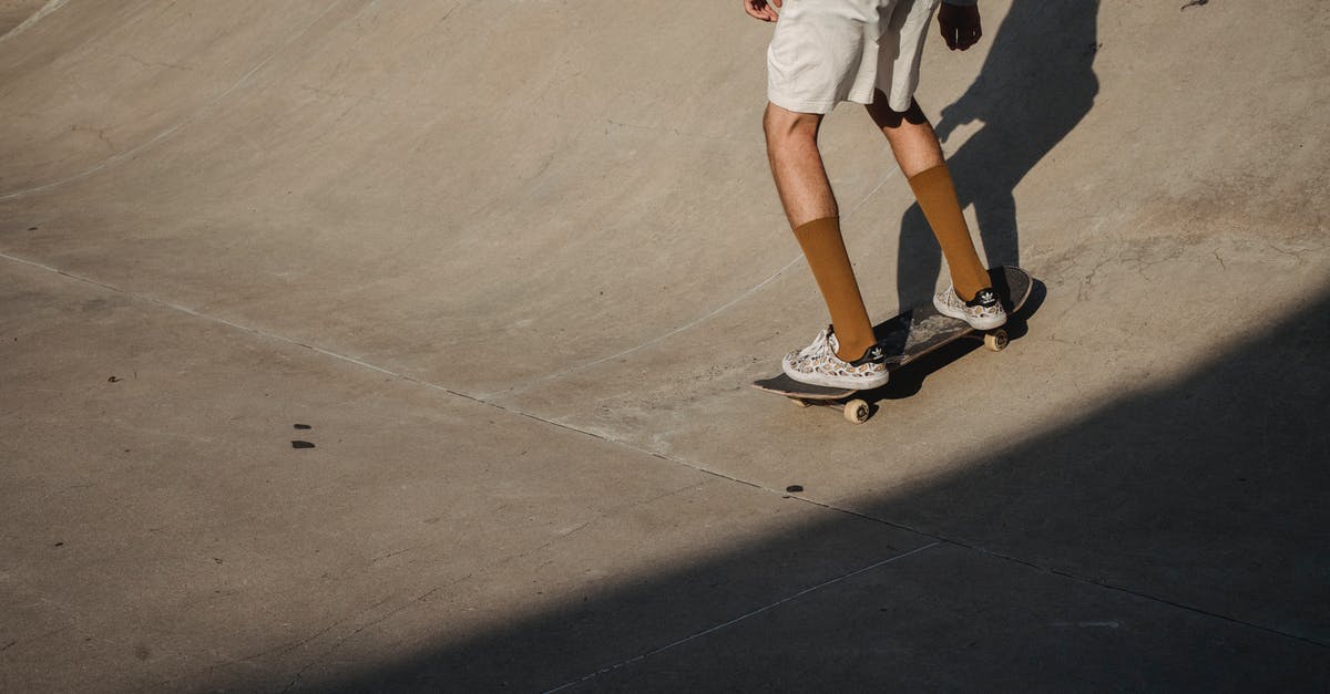 Why do airports, not airlines, determine what can be taken on board? - Crop anonymous male skater wearing white shorts riding skateboard on asphalt ramp in skate park on summer sunny day Why do airports, not airlines, determine what can be taken on board? - Crop anonymous male skater wearing white shorts riding skateboard on asphalt ramp in skate park on summer sunny day