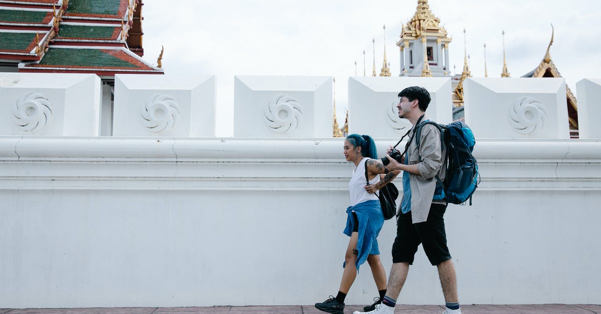 Why do some groups of tourists include someone carrying a banner? - Man and Woman Walking Beside a Concrete Fence Why do some groups of tourists include someone carrying a banner? - Man and Woman Walking Beside a Concrete Fence