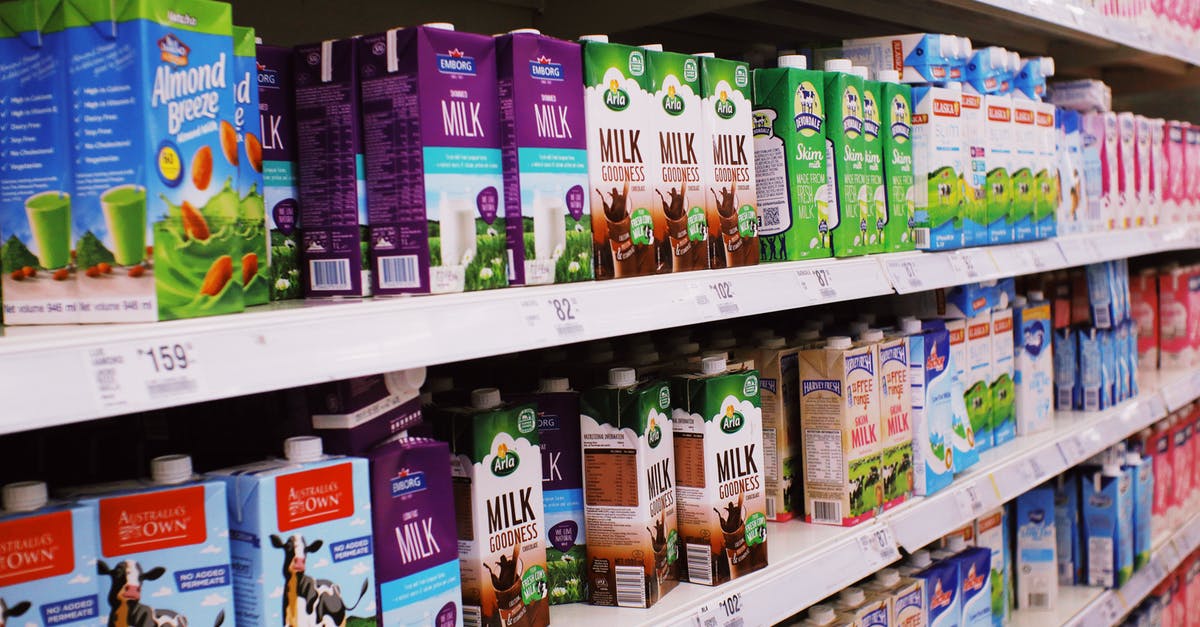 Why is the price on the shelves for drinks often different from what I actually pay in supermarkets in Germany? - Shelves with various milk boxes Why is the price on the shelves for drinks often different from what I actually pay in supermarkets in Germany? - Shelves with various milk boxes