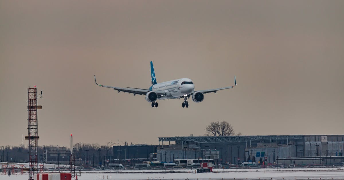 Why police didn't even block me once at the airport arrivals? - Powerful airplane flying over snowy terrain and preparing for landing on aerodrome airfield against cloudy sunset sky